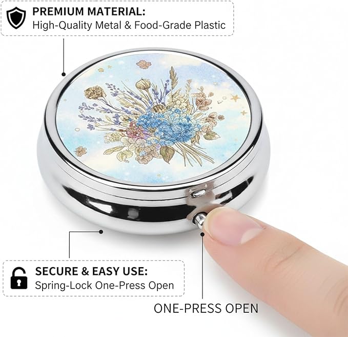 Round Pill Case Small Pill Box with Mirror Pocket 3 Compartment Vitamin Pill Medicine Case Organizer Pill Containers for Traveling Blue Dried Flowers
