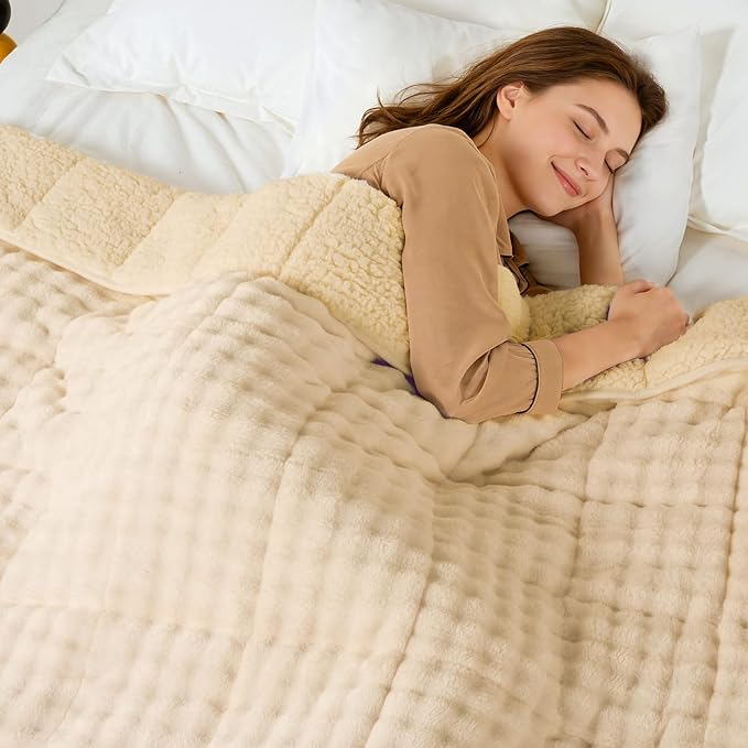 Cottonblue Weighted Blanket 20lbs Bubble Fleece Plush Sherpa Heavy Weighted Blankets for Adults, Fits Queen Size Bed, Cute Fuzzy Warm Heavy Blanket for Calm and Better Sleep, 60"x80", Beige