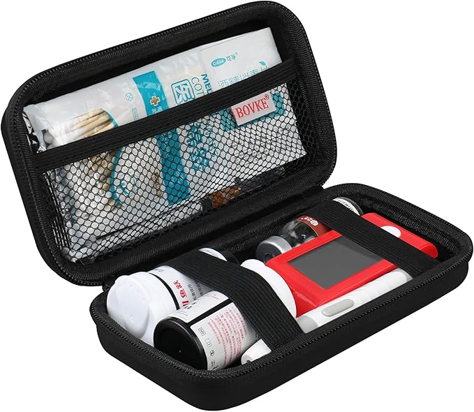 BOVKE Diabetic Supplies Case, Diabetes Travel Bag for Testing Kit, Blood Glucose Monitor Meters, Test Strips, Medication, Lancets, Needles, Syringes and Other Diabetic Supplies, Black