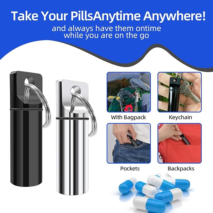 2 Pack Small Pocket Pill Box Keychain, Portable Mini Aluminium Alloy Pill Organizer Case Container for Purse, Waterproof Metal Pill Holder Medicine Bottle for Outdoor Camping Travel (Black & White)