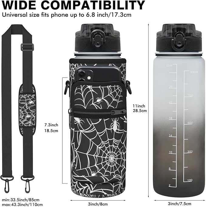 Halloween Half Gallon Water Bottle with Sleeve - Flip Top Bpa Free 32 OZ - Motivational Time Marker Leakproof Water Jug - Gothic Witchy Gifts for Women - Spider Web for Gifts