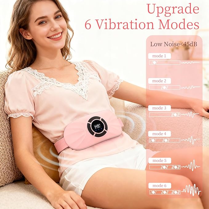 Portable Heating Pad for Period Cramps Relief Vibrating Menstrual Heating Belt for Women, Rechargeable Fast Heat with 6 Heat Levels and 6 Modes for Menstrual, Pain Relief for Back & Stomach (Pink)