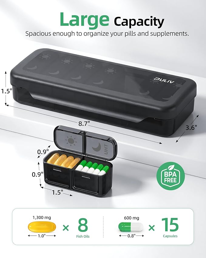 PULIV Large Weekly Pill Organizer 2 Times a Day with Face-Up Prints for Easy Pill Tracking, AM PM Pill Case with Dual Protection, Compact Travel Pill Box 7 Day for Vitamins, Fish Oils, Supplements