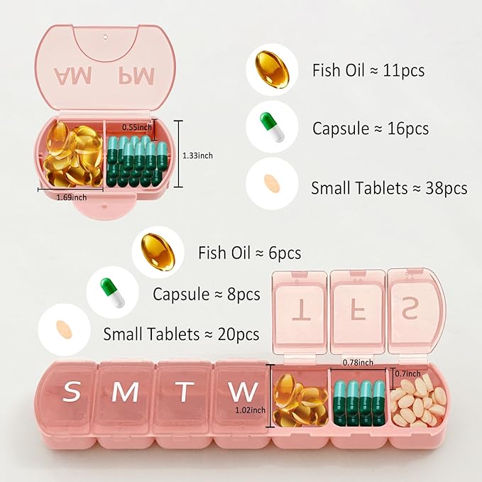 10 Pack (Weekly & Daily), 2 Times a Day (AM/PM) + 7-Day Pill Organizer, Vitamin Planner, Large Capacity Pill Box Set, Travel Pill Case for Medication/Vitamins/Fish Oils/Supplements, Pink