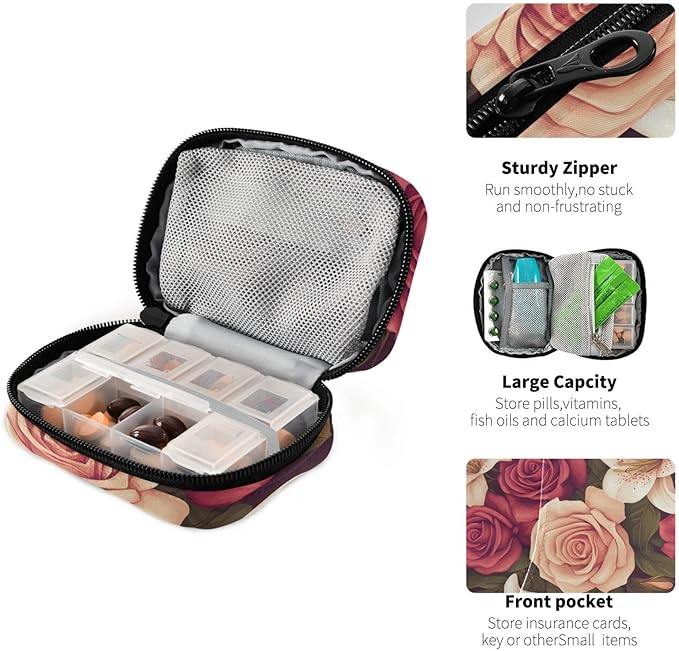 Roses and Lily Flowers Cute Pill Organizer Weekly Travel Pill Box 7 Day Large Capacity Pill Dispenser Case with 8 Pill Container Daily Pill Box Organizer Vitamin Holder Pill Bot