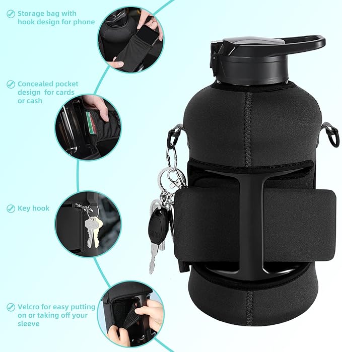 youcanplato 74 oz Half Gallon Water Bottle with Sleeve-Large Water Bottle -Big Gym Water Bottle for Man or Women with Straw- Gallon Water Jug with Handle -BPA Free- Leakproof, Workout bottle,Black | with Sleeve, Large Water Bottle, Big Gym Water Bottle...