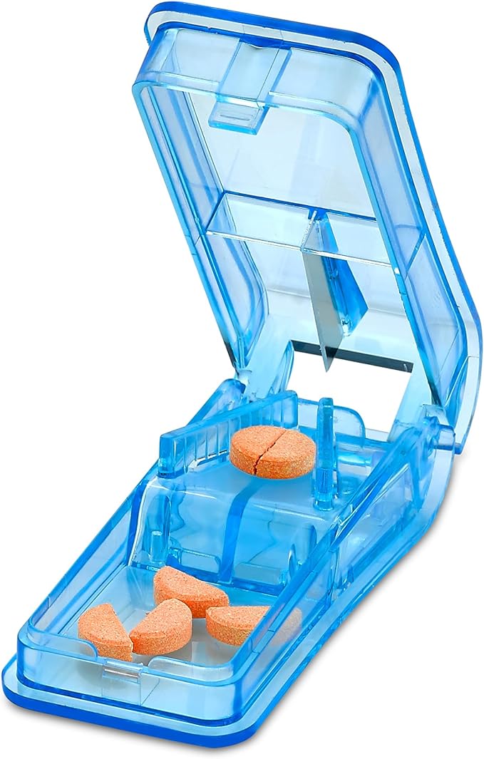 Pill Cutter - V- Grip Pill Crusher and Cutter for Vitamins, Big & Small Pills, and Medication - Transparent Pill Splitter with Pill Holder Case to Split