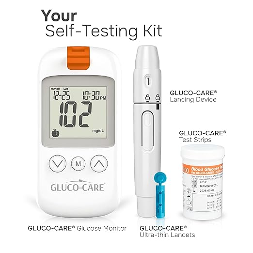 Gluco-Care Glucose Monitor Kit - Sleek White Design, Clear Display, Auto Calibration, Glucometer Kit with Strips and Lancets, 5 Sec Results, 500 Memory, Travel Case, 1 Lancing Device, Convenient Blood Surgar Testing for Diabetes
