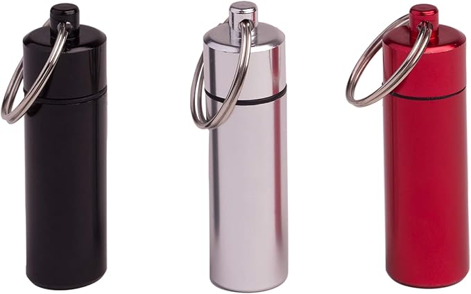 BEADNOVA Pill Holder Keychain Medicine Container Small Portable Pill Case Aluminium Fob Carrier with Medicine (3pcs, 3 Colors Per Pack)