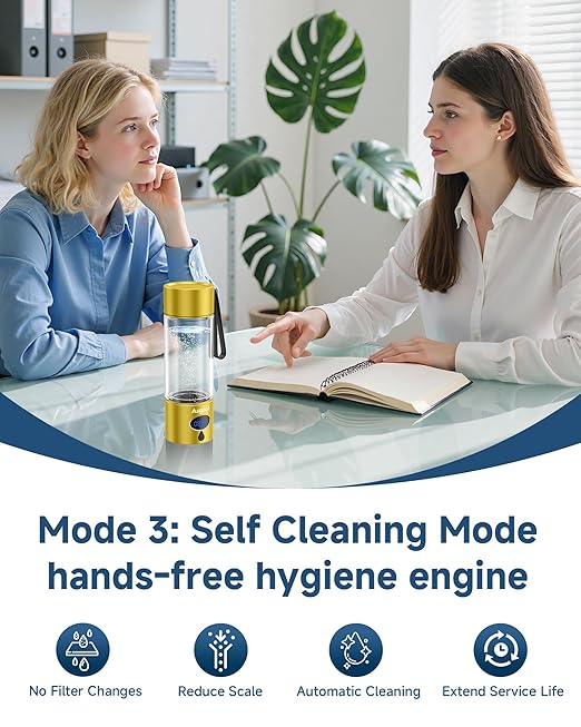 Hydrogen Water Bottle - 5000 PPB in 8 Minutes, Cyclic Mode for 8 Hours, Self Clean, Aluminum & Glass, for Travel Sports Office Home, Gift for Father Mom Family Friends Clients(Gold, 12Oz)