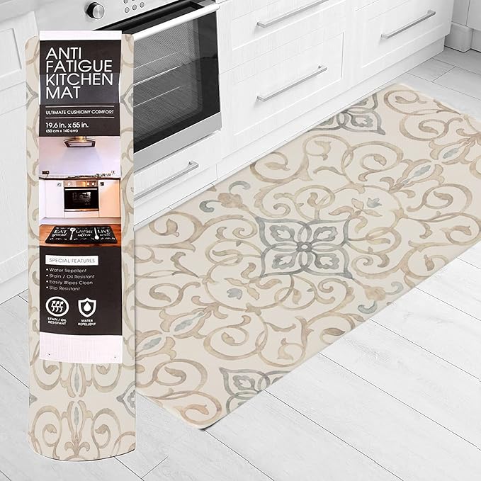 J&V TEXTILES Oversized 20"x39" Anti-Fatigue Embossed Floor Mat (Rustic Medallion Cream