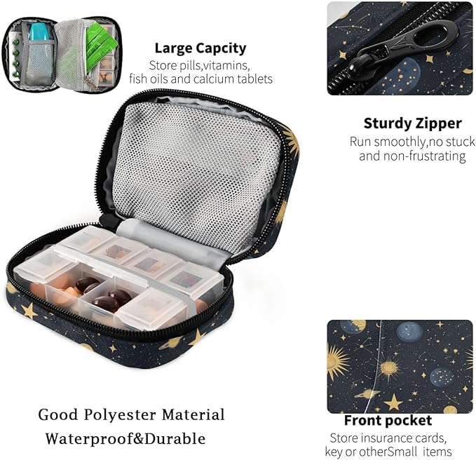Fustylead Cosmic Space Background with Sun Moon Star Planet Travel Pill Case Bag with Zipper Weekly Pill Box 8 Compartments 7 Day Personal Pill Case Purse Medicine Case Organizer
