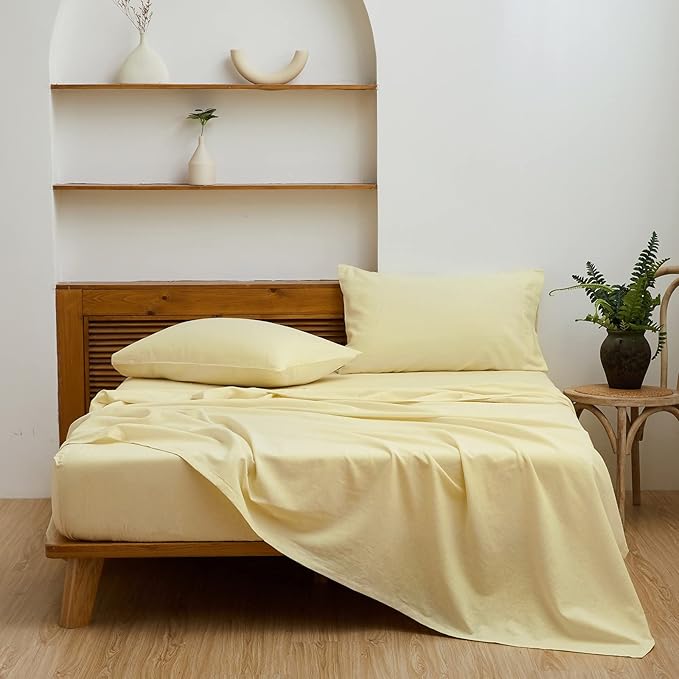 Simple&Opulence Belgian Linen Sheet Set Solid Color - 3 Pieces (1 Flat Sheet, 1 Fitted Sheet & 1 Pillowcase) Natural Flax Cotton Blend Soft Breathable Farmhouse Bedding - Twin Size, Pale Yellow