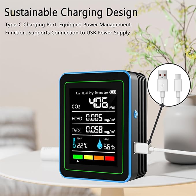 Air Quality Monitor CO2 Detector: 5-in-1 Formaldehyde/CO2/TVOC/Temperature/Humidity Monitor, Air Quality Meter Indoor with E-Ink Display, Portable Carbon Dioxide Detector, for Home Office Hotel