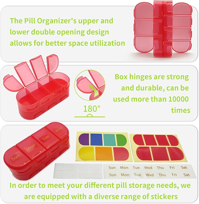 Weekly (7 Days) Pill Organizer Travel, Double-Sided Opening Design, 2/3/4 Times a Day, Portable Pill Box for Storing Fish Oils/Supplements/Medication/Vitamins（2 PC Red）