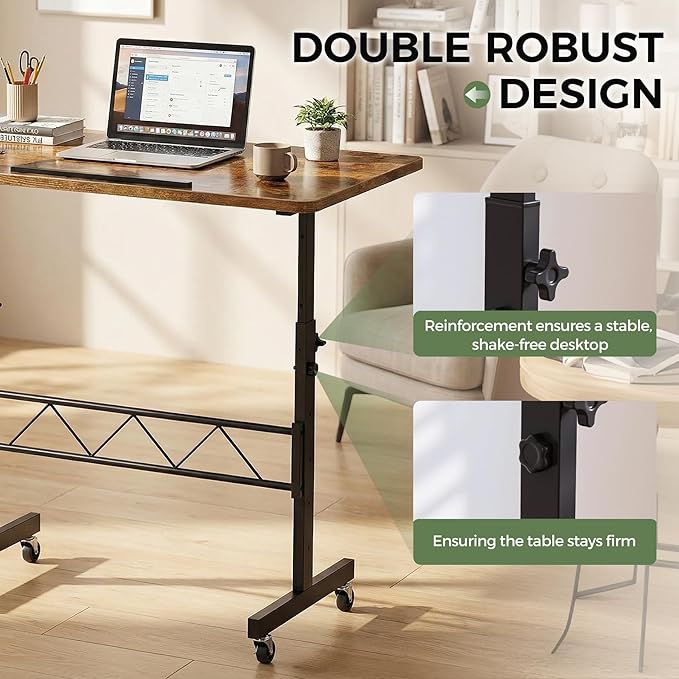 GTPLAYER Small Standing Desk Adjustable Height, 30.7"-46.4" Portable Computer Table Mobile Desk Workstation Stand Up Desk with Wheels Compact Rolling Table for Home Work Treadmill Walking Pad Brown