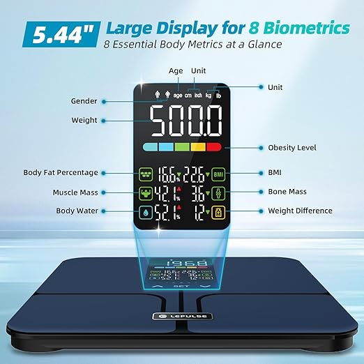Lepulse No APP Body Fat Scale 500lb Smart Bathroom Scale with 5.44'' Large Backlit Display 8 Body Composition Analyzer, Most Accurate Digital Weight Scale for BMI Body Fat Muscle Mass