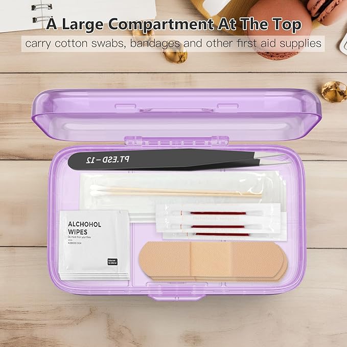 FYY Weekly Pill Organizer with Labels,8 Compartments Travel Daily Pill Case Airtight Moistureproof Large Pill Box to Hold Vitamins, Fish Oil, Supplements,Cotton Swab and Bandages-Purple