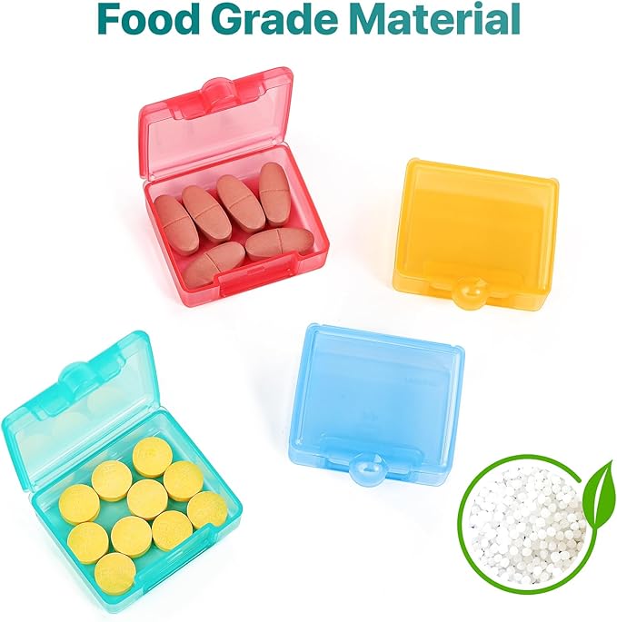 Sukuos Small Pill Box 4 pcs, Portable Travel Pill Organizer for Pocket Purse Cute Daily Pill Case Container for Vitamin Fish Oil Supplements, Easy to Open & Clean