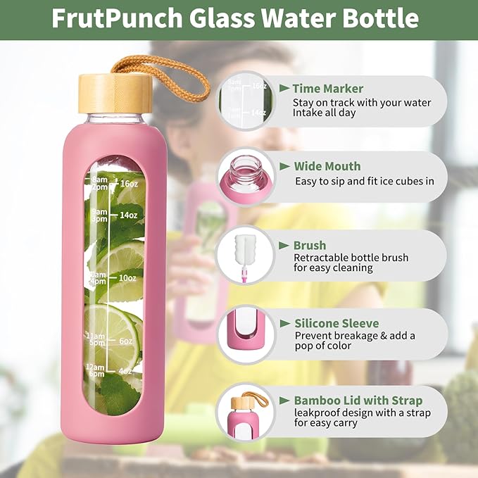 18 OZ Glass Water Bottles, Water Bottle with Time Marker, Leakproof Glass Water Bottles with Silicone Sleeves, Suitable for Offices and Gyms. (pink)