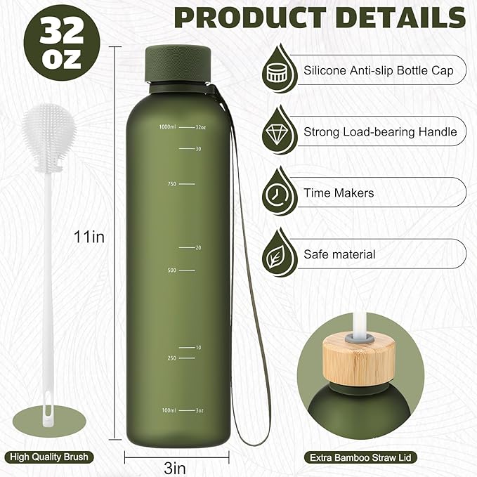 1 Pcs Slim Water Bottle 32oz, 1L Motivational Tracking Reminder Water Bottle-lightweight & Shatterproof and Stainless Steel Lid & Bamboo Straw Lid, for Travel Sports School Gym(Dark Green)