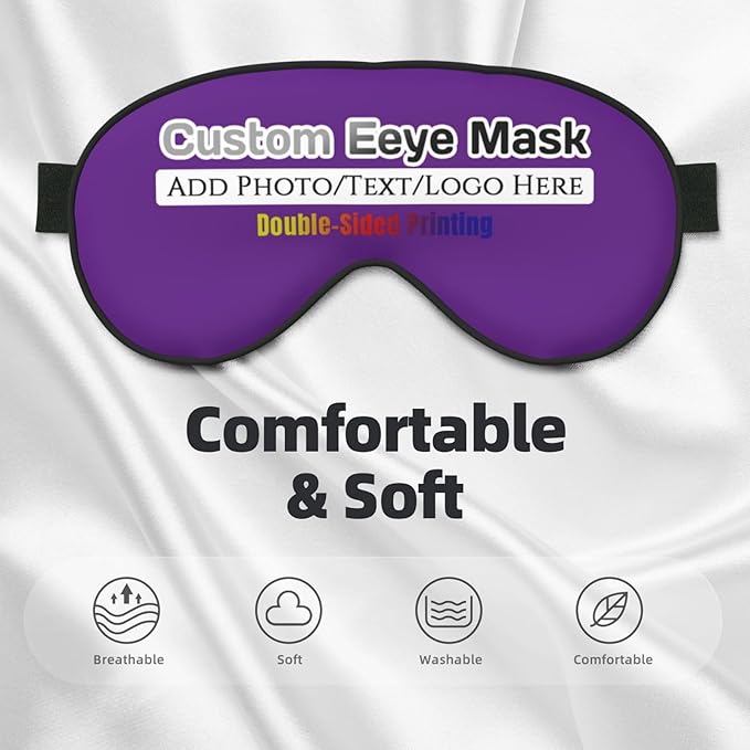 Custom Eye Mask for Sleeping Personalized Your Photo Text Logo Adjustable Strap Sleep Mask Customized Soft Blindfold Eyemask Blackout Eye Cover for Men Women Home Travel Offices Purple