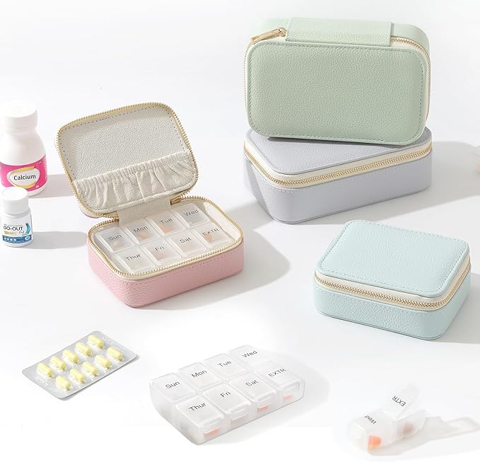 Genuine Leather Travel Pill Organizer Box Case 1 Times a Day for Purse for Women, Cute Medicine Pill Holder Containers for Vitamin Small Weekly Daily 7 Day Am Pm Pill Organizer(Pink)