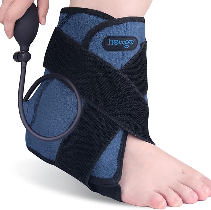 NEWGO Ankle Ice Pack Wrap with Air Pump, Compression Ankle Brace for cold compress, Reusable Hot & Cold Therapy Gel Wrap for Sprains, Heel Pain, Adjustable for Swelling Relief