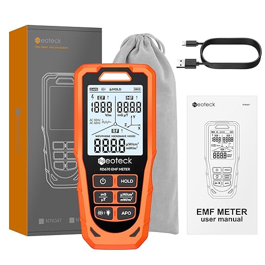 Neoteck 3 in 1 EMF Detector for EF MF RF 3 Axes Electromagnetic Field Radiation Detector to Identify MF Direction with 3-Color LED & Audio Alarm Rechargeable WiFi Signal Detector for Home Office