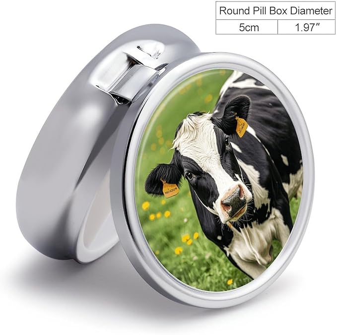 Cow Black Spot Pill Box Travel Pill Case for Purse Pocket Weekly Medicine Organizer with Mirror 3 Compartment Round Medicine Case Portable PillcaseHolder for Daily