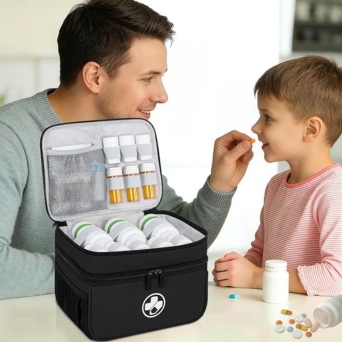 Dual Layers Medicine Organizer Bag, Pill Bottle Organizer Storage with Lockable Zipper, Lockable Medicine Travel Case for Pills, Vitamins, Medical Supplies, Black（Lock Not Included）
