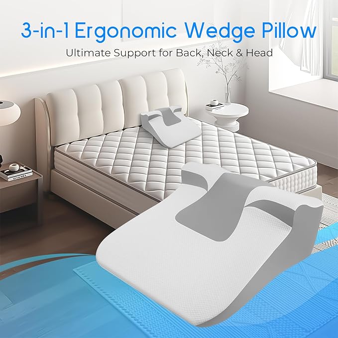 Bed Wedge Pillow for Sleep Apnea, Acid Reflux & Snoring Relief, Post-Surgery Recovery Pillow with Ergonomic 3-in-1 Certified Memory Foam for Back, Neck & Head Support