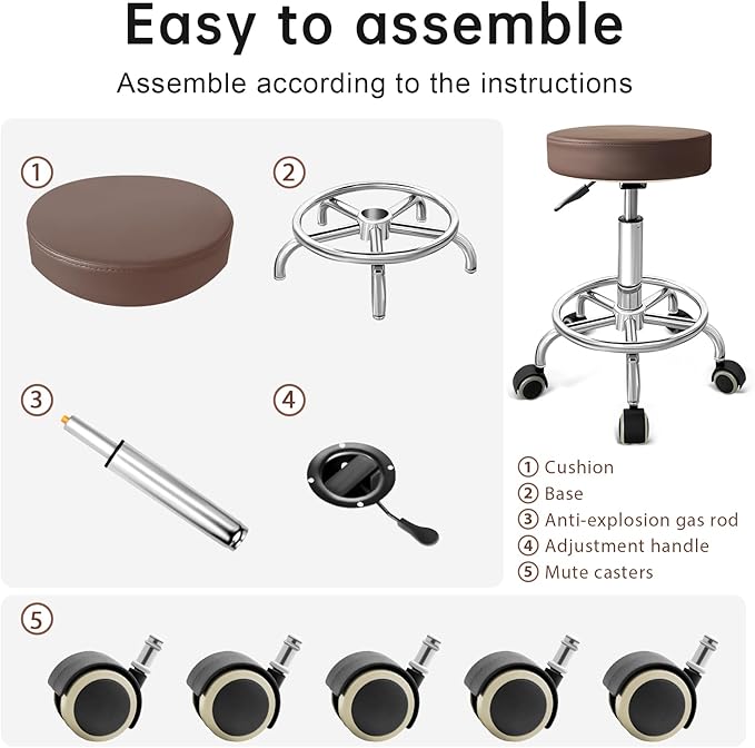 PU Leather Rolling Stool with Foot Rest Round Height Adjustment Swivel Spa Drafting Salon Tattoo Work Office Massage Vanity Stools Task Chair (Brown)