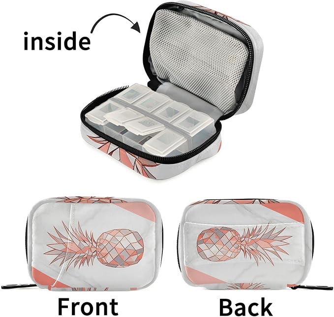 Rose Gold Marble Pinapple Pill Organizer Case White Marbling 7 Day Travel Pill Box with Zipper Portable Weekly Vitamin Medicine Supplement Holder Pouch Bag