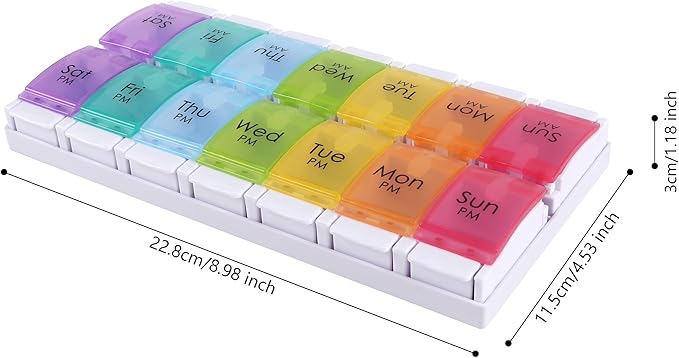 Weekly Pill Organizer 7 Day Large Storage Pill Box AM PM Daily Easy Fill Medicine Pill Cases Two Time A Day Pill Case Rainbow Design