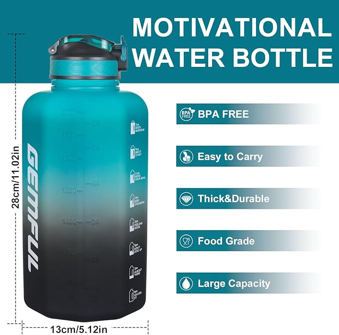 GEMFUL 2.2L Water Bottle with Straw & Time Marker Large BPA-Free Motivational Jug for Gym Sports Hiking Leakproof with Handle (Green/Black)