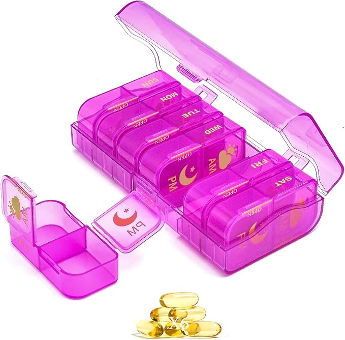 Weekly Pill Organizer 2 Times a Day, 7 Day AM/PM Pill Box, Portable Medication Dispenser with Child-Resistant Latch, BPA-Free, Travel, Office, Pets, Emergency Use (Lavender Purple)