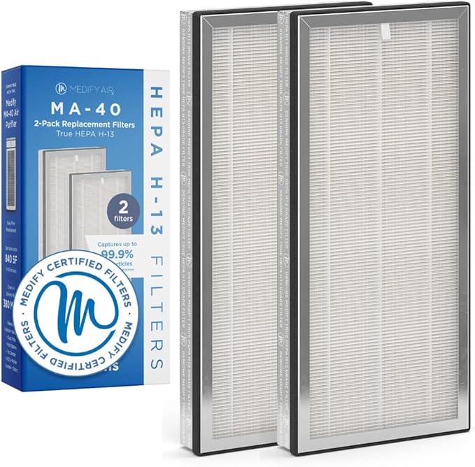 Medify MA-40 Genuine Replacement Filter for Allergens, Smoke, Wildfires, Dust, Odors, Pollen, Pet Dander | 3 in 1 with Pre-filter, True HEPA H13 and Activated Carbon for 99.9% Removal | 2-Pack