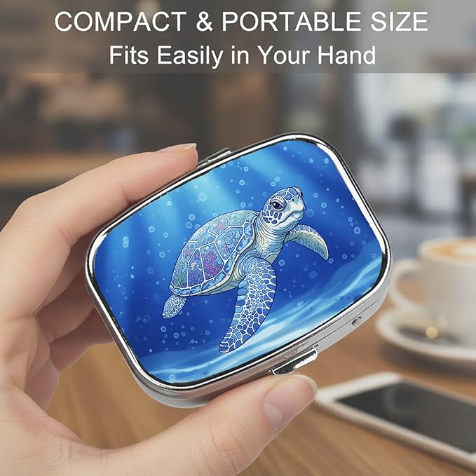Square Pill Case Small Pill Box with Mirror Pocket 2 Compartment Vitamin Pill Medicine Case Organizer Pill Containers for Traveling Tranquil Sea Turtle