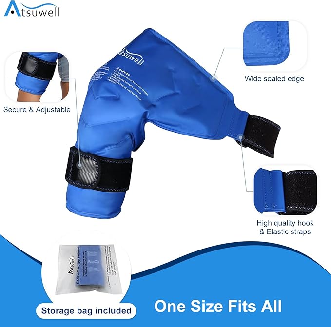 Atsuwell Shoulder Ice Pack Rotator Cuff Cold Compression, Reusable Gel Ice Pack Shoulder Wrap, Flexible Arm Cold Pack for Men and Women, Blue
