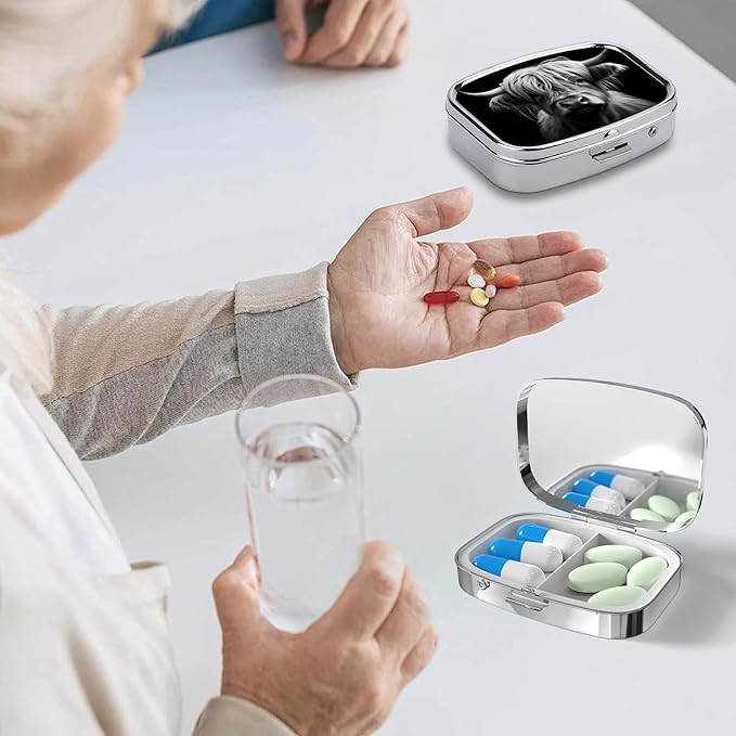 Pill Box-2 Compartment Small Pill Case Square Organizer Case with Mirror Portable Metal Medicine Box Travel Container for Pocket & Purse Women Men(Black Highland Cow)