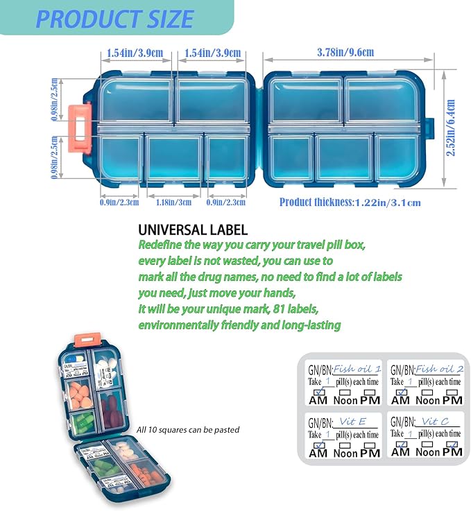 Portable Pill Organizer with 81 Labels & Strong Lock - Travel Pill Case, 10 Compartments with Individual Lids, Compact Medication Organizer (Slate Gray & Peacock Green, 2-Pack)