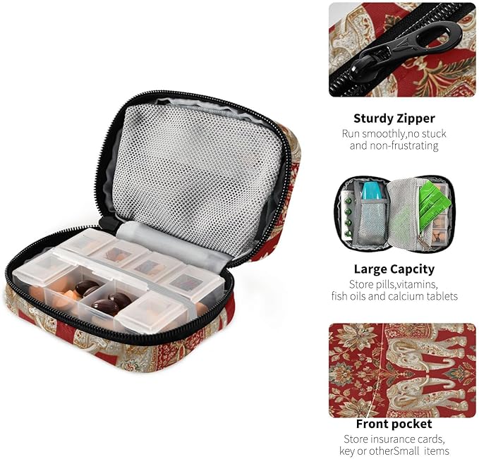 Red Retro Elephant Flowers Travel Pill Organizer Case Box Container Weekly Portable Vitamin Medicine Holder Storage Bag with Zipper Removable