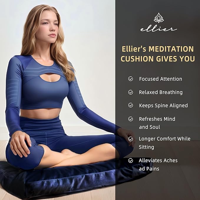 Zafu & Zabuton Meditation Cushion Set - Buckwheat Hull & Memory Foam Pillows, Ergonomic Support for Yoga, Mindfulness - Organic Velvet Cover, Large Size, Durable Comfort (Dark Blue)