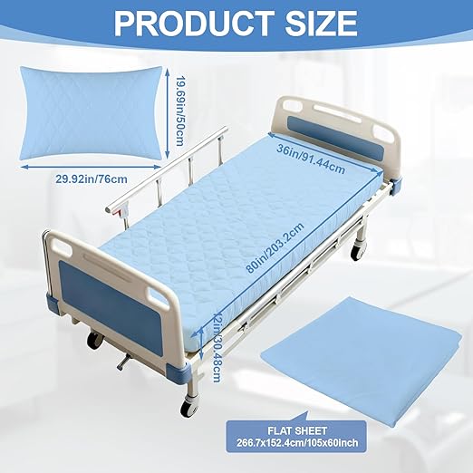 Lounsweer 3 Piece Hospital Bed Sheet Set, Blue Waterproof Bed Sheet Set, Incontinence Protection for Home and Hospital Use, Include 1 Fitted 36" x 80" x 12" 1 Flat and 1 Pillowcase