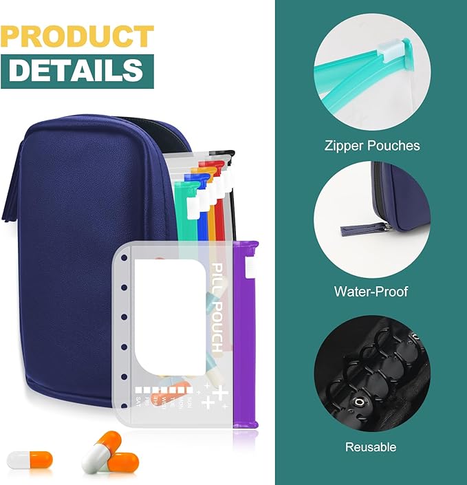 A7 Waterproof Pill Organizer with 7 PCS L Size Zippered Pill Pouches for A7 Binder, Large BPA-Free Weekly Medicine Organizer, Color-Coded Reusable Travel Pill Storage System