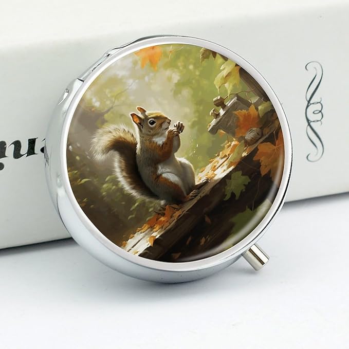Squirrel Eats Nuts Pill Box Travel Pill Case for Purse Pocket Weekly Medicine Organizer with Mirror 3 Compartment Round Medicine Case Portable PillcaseHolder for Daily
