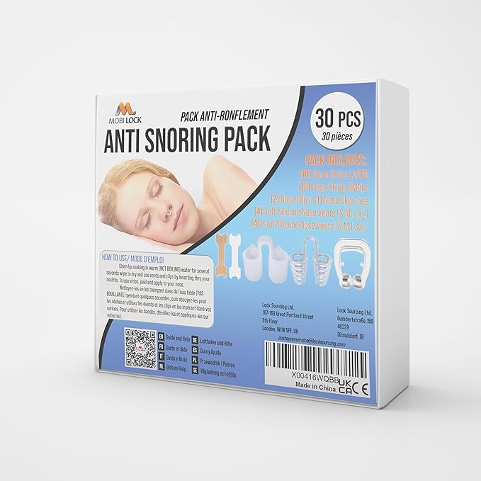 30pcs Anti-Snoring Solutions - Nose Vents, Nose Clips, and Nasal Strips - Snore Stopper for Men & Women - by Mobi Lock
