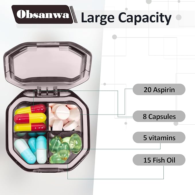 Daily Pill Organizer, 2 Pack 4 Compartments Small Pill Box Portable Pill Case, Travel Pill Organizer for Purse Pocket to Hold Vitamins, Cod Liver Oil, Supplements and Medication (Grey+Grey)