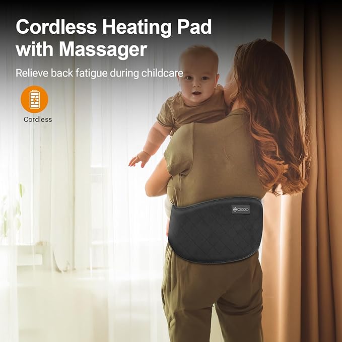 CooCoCo Cordless Heating Pad with Massager for Back Pain Relief, Portable Lower Back Massager with Heat, Rechargeable Heat Pad for Period Cramps, Auto-Off